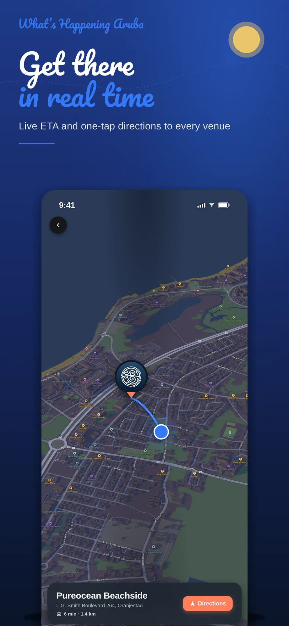 Live island map with every event pinned in the What's Happening Aruba app