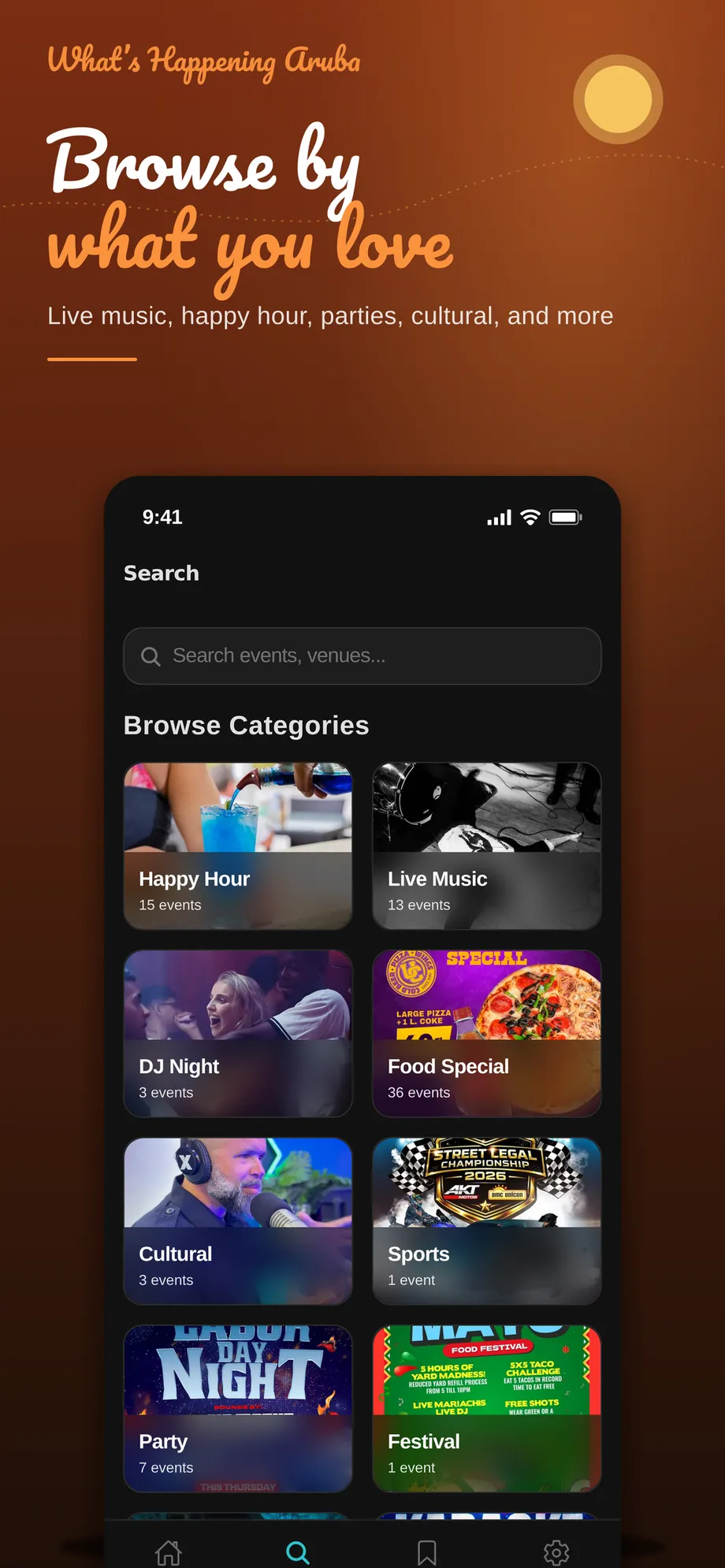 Searching events by keyword in the What's Happening Aruba app
